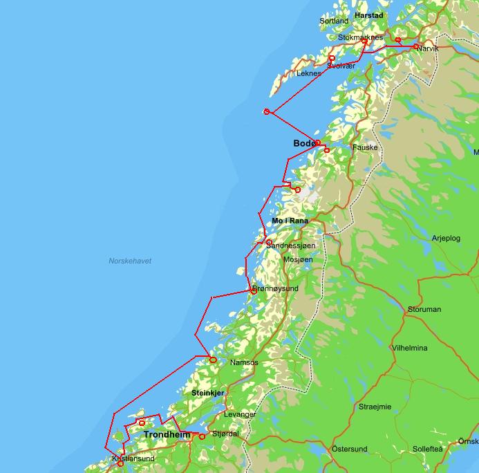 Trasa rejsu z Narviku do Trondheim